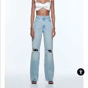 Zara Ripped Wide Leg Blue Jeans